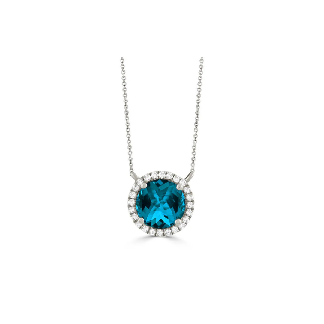 18kt White Gold Round Diamond and London Blue Topaz Necklace