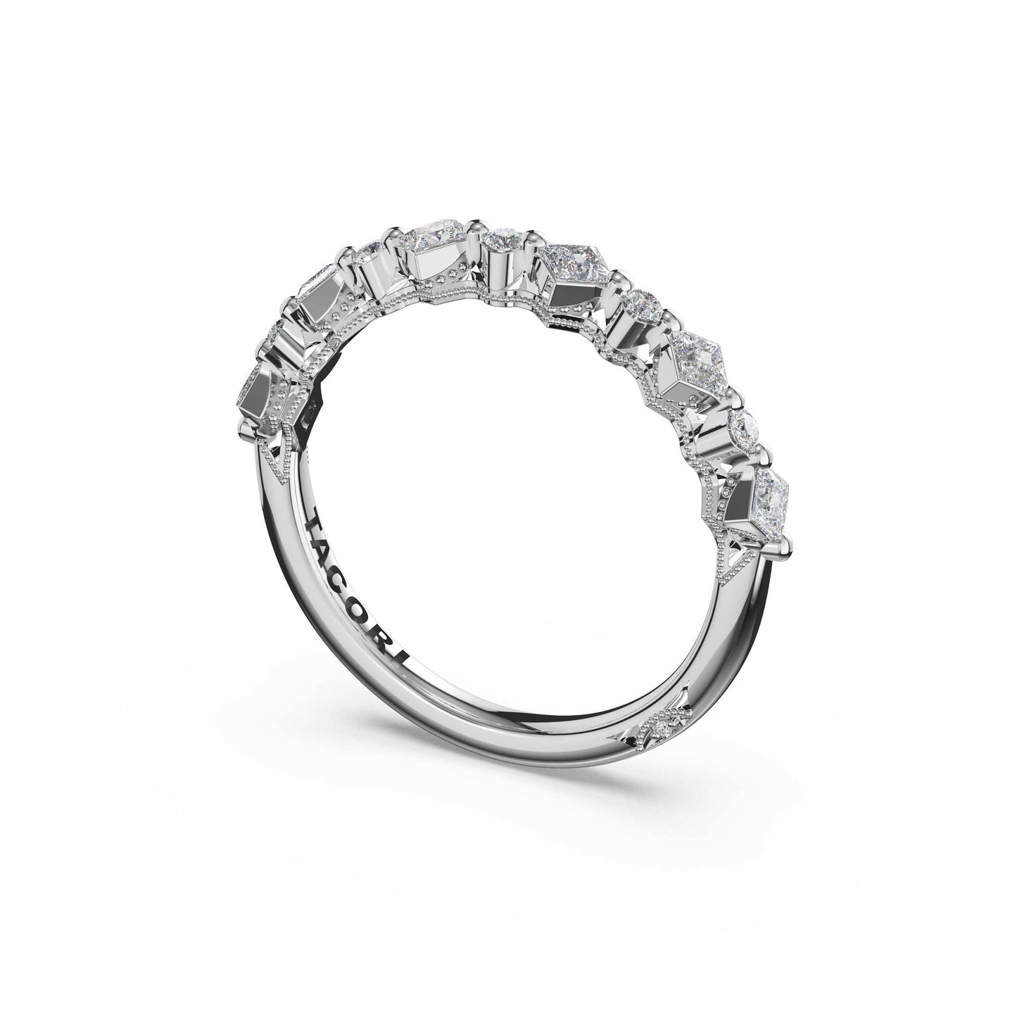 Sculpted Crescent Carré and Round Diamond Wedding Band