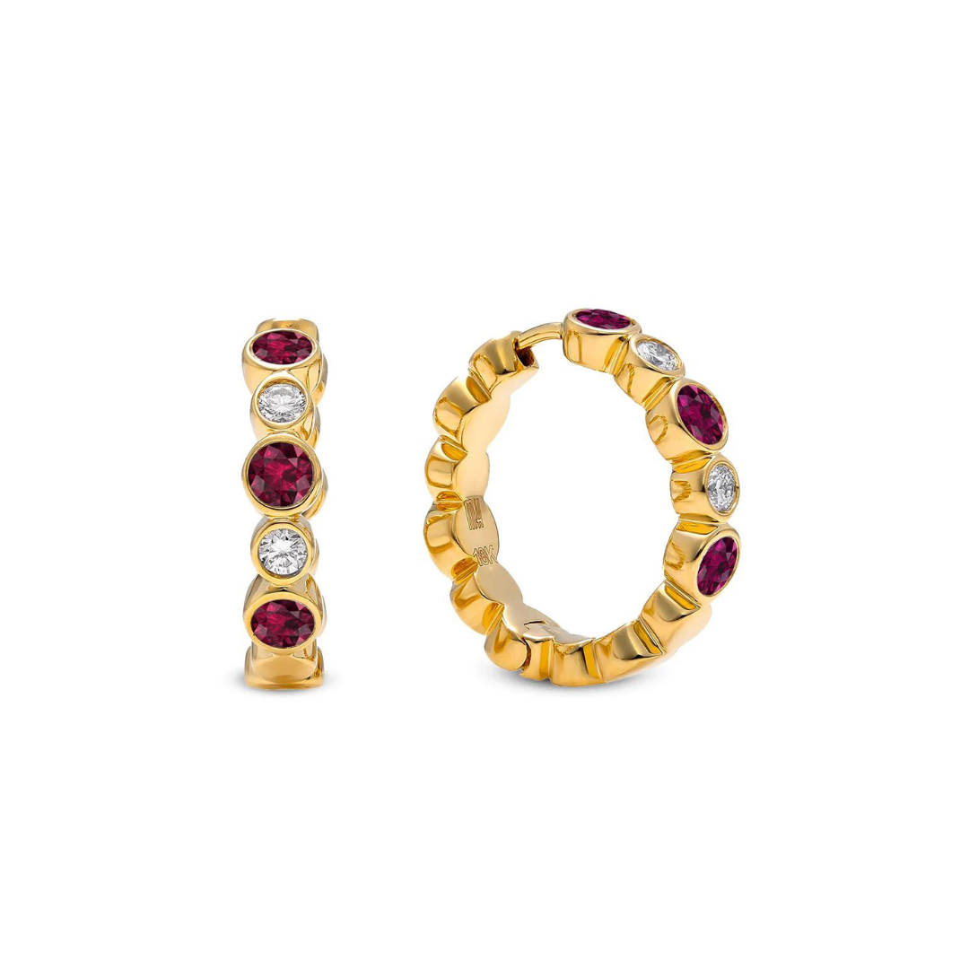 18kt Yellow Gold Bubbly Ruby and Diamond Huggie Earrings