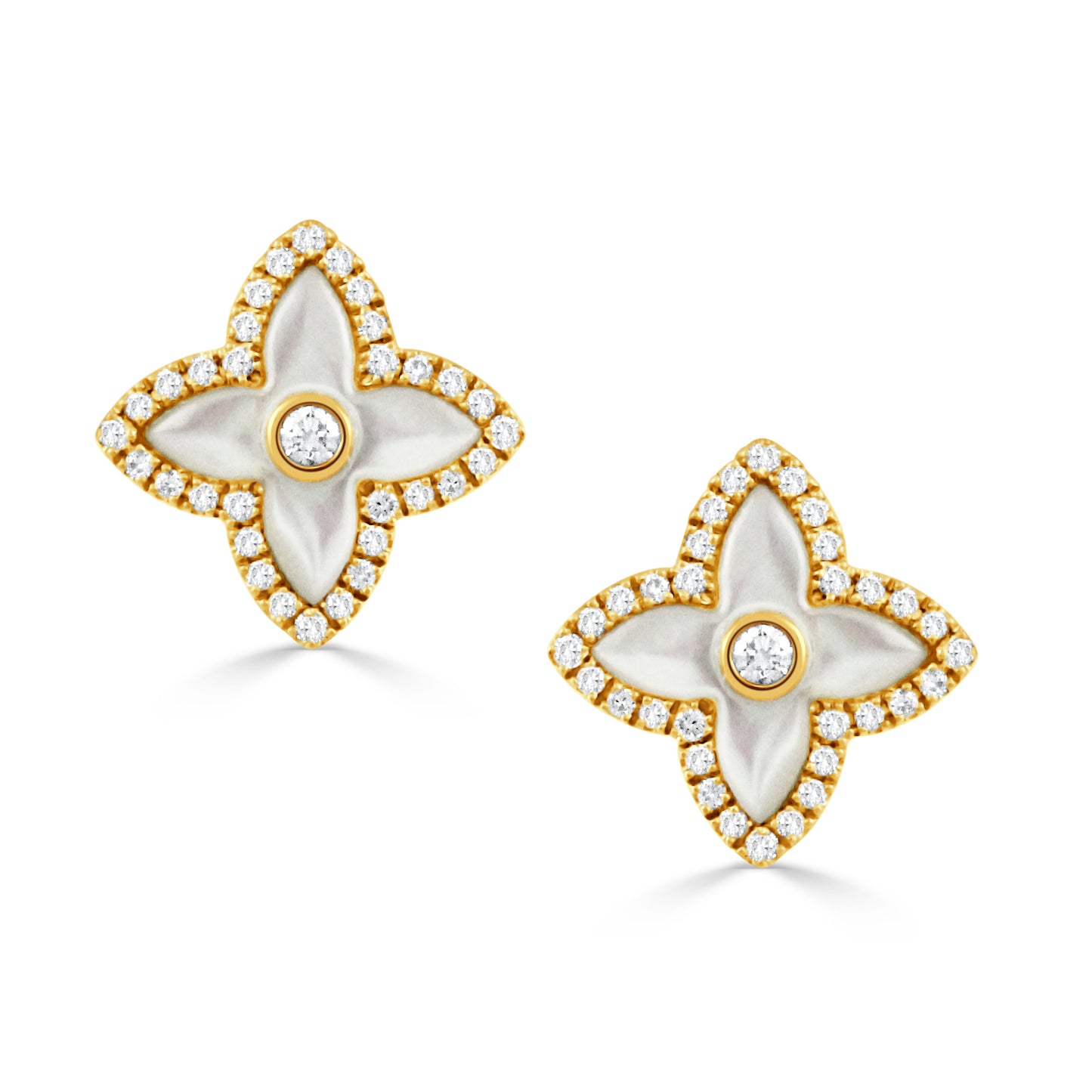 18k Yellow Gold Mother of Pearl and Diamond Clover Earrings
