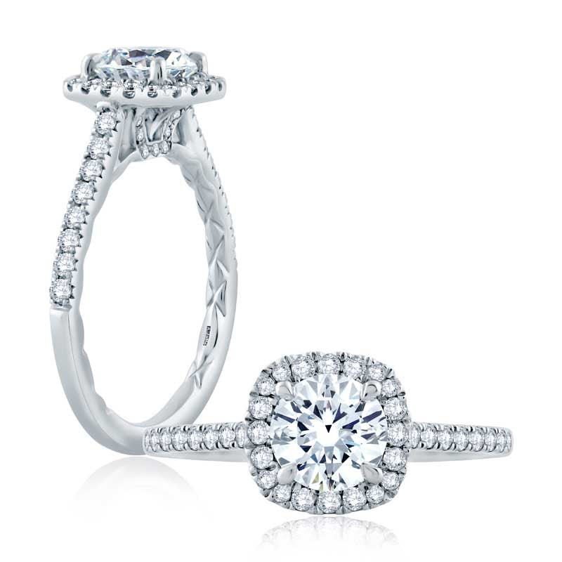 Intricate Milgrain Accent Gallery Detail Round Center with Cushion Shaped Halo Engagement Ring