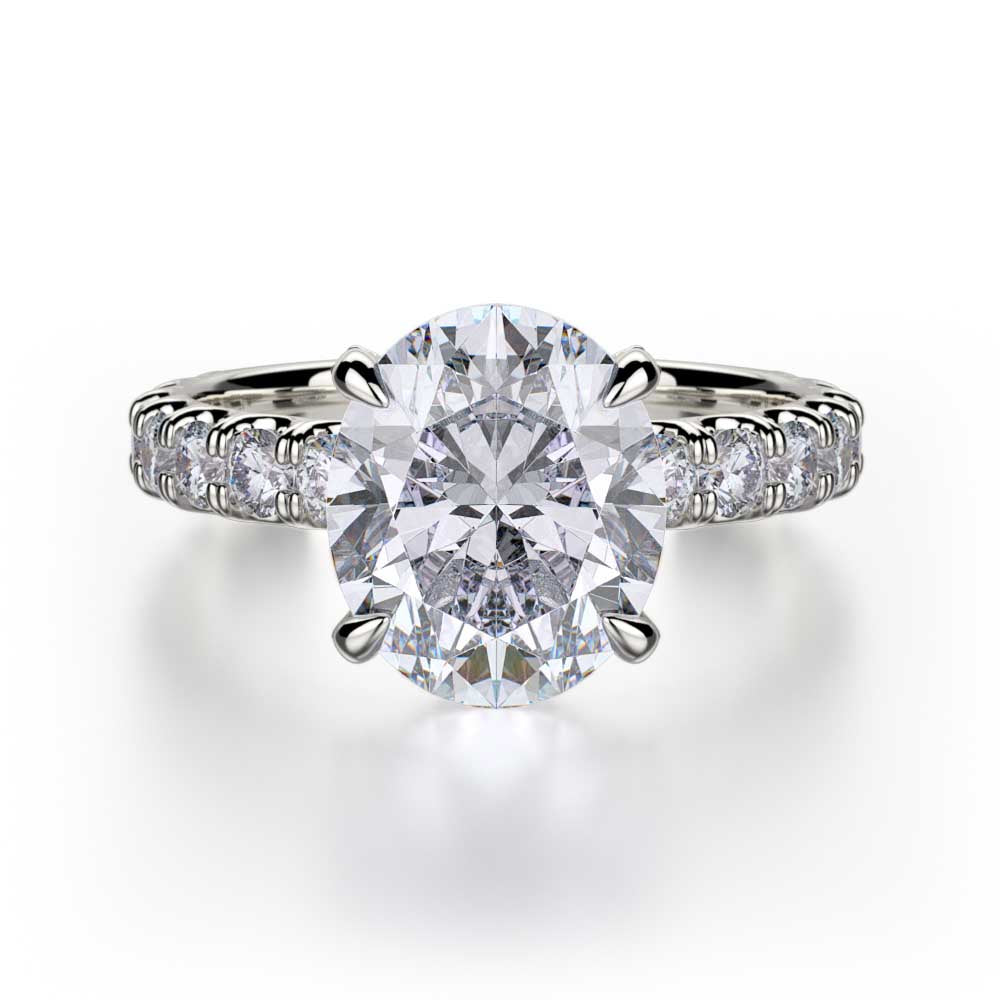 18k White Gold Oval Diamond Engagement Ring with Diamond Hidden Halo and Diamond Prongs