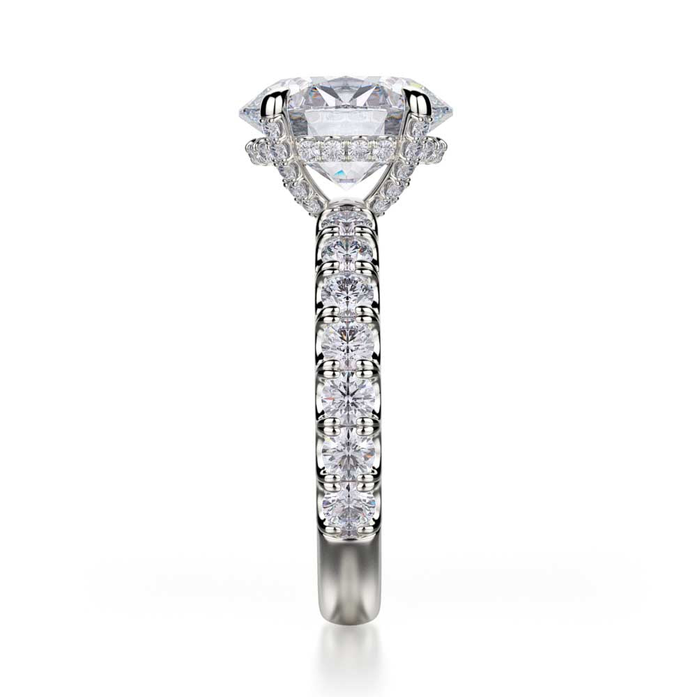 18k White Gold Oval Diamond Engagement Ring with Diamond Hidden Halo and Diamond Prongs