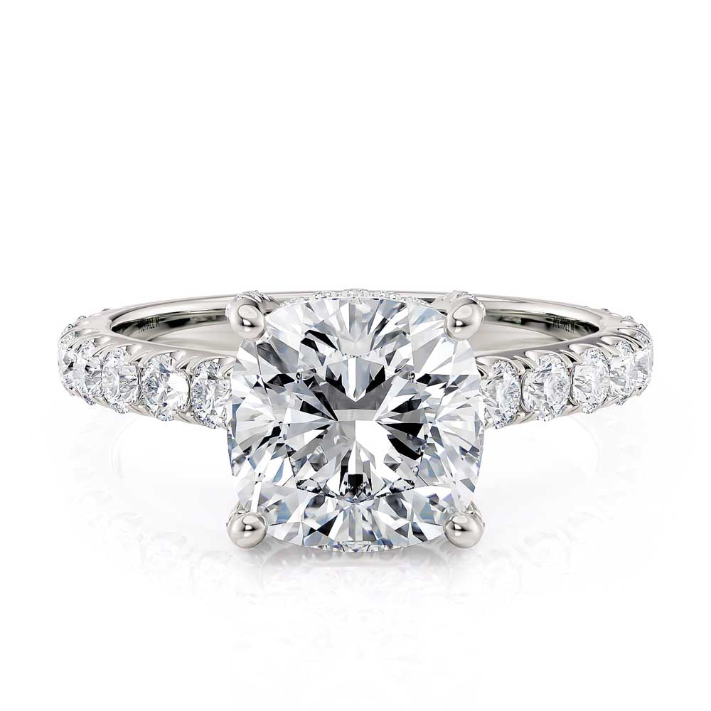 18k White Gold Cathedral Style Diamond Engagement Ring with Diamond Crown