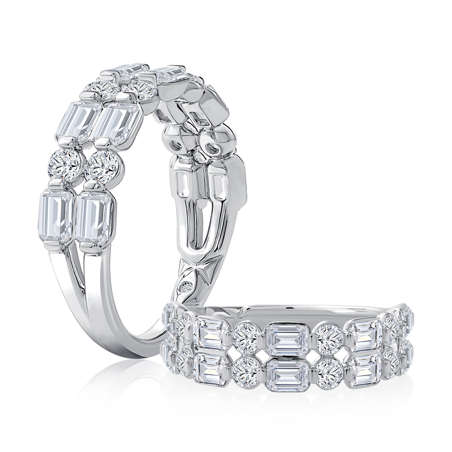 Two Row Alternating Lotus Round and Emerald Halfway Diamond Band