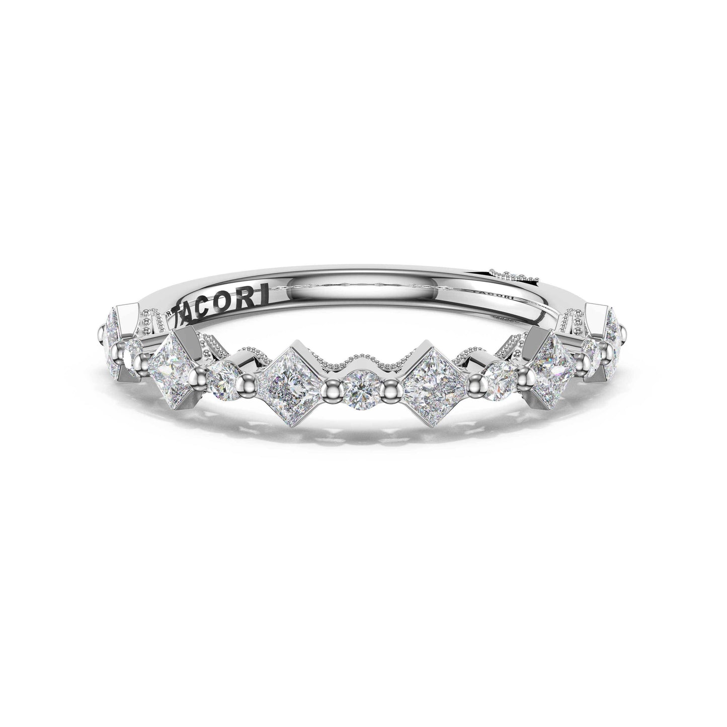 Sculpted Crescent Carré and Round Diamond Wedding Band