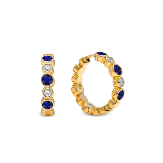 18kt Yellow Gold Bubbly Sapphire and Diamond Huggie Earrings