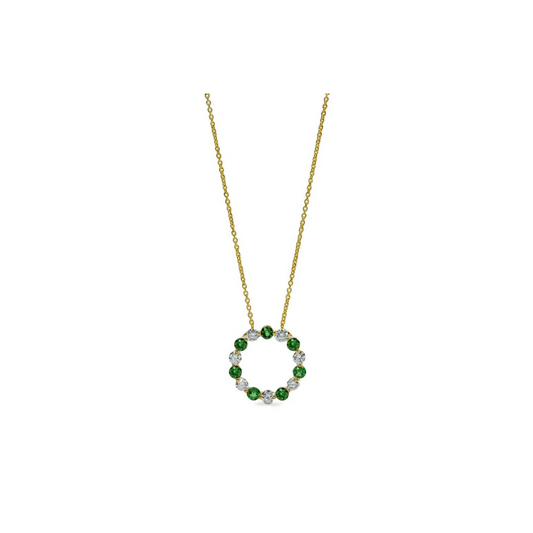 18kt Yellow Gold Petite Open Round Diamond and Emerald Necklace