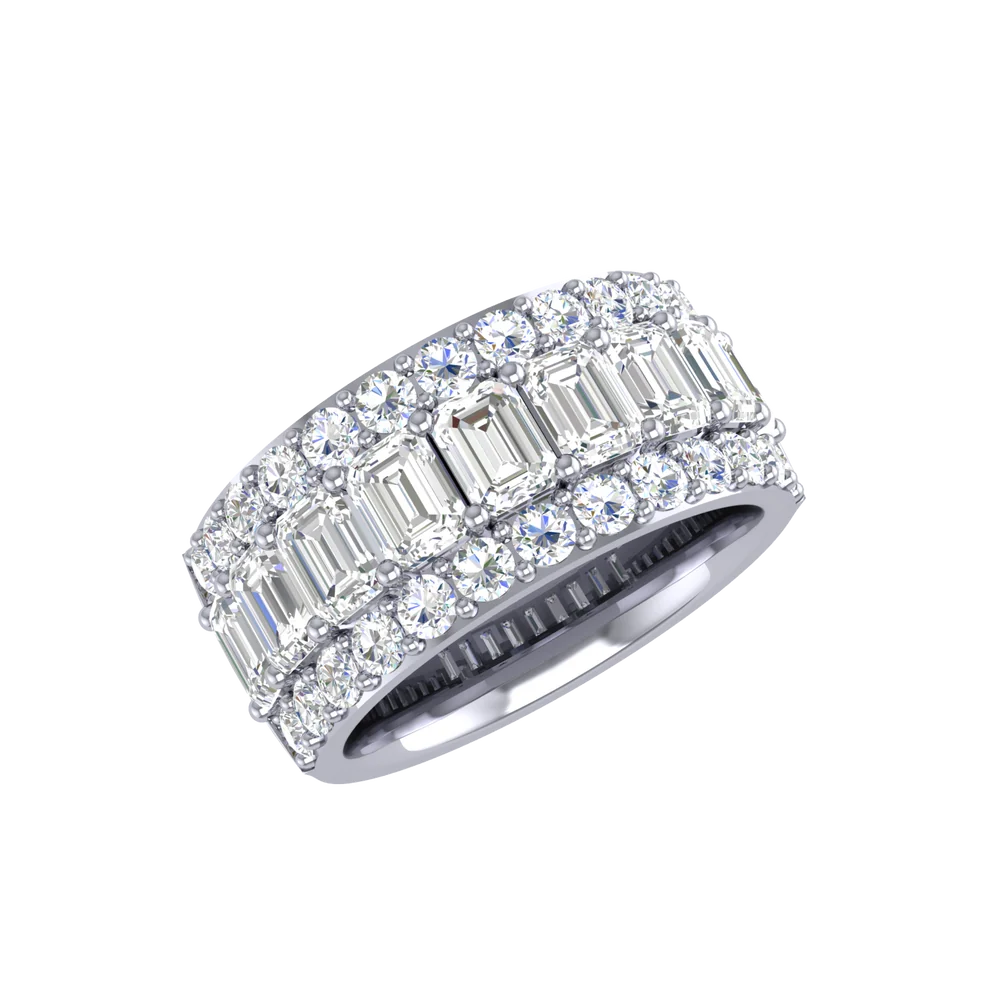 18K White Gold Emerald-Cut & Round Diamond Band