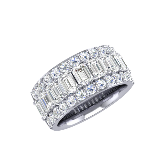 18K White Gold Emerald-Cut & Round Diamond Band