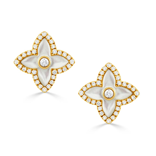 18k Yellow Gold Mother of Pearl and Diamond Clover Earrings