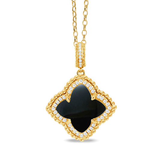 18k Yellow Gold Diamond and Black Onyx Clover Necklace