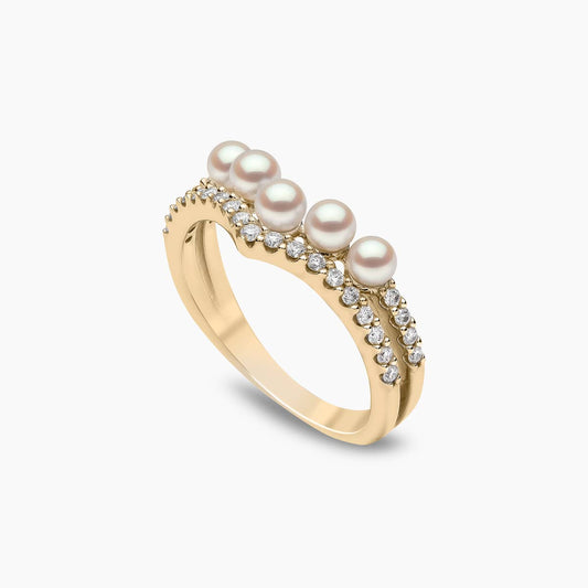 Sleek 18k Yellow Gold Akoya Pearl and Diamond Ring