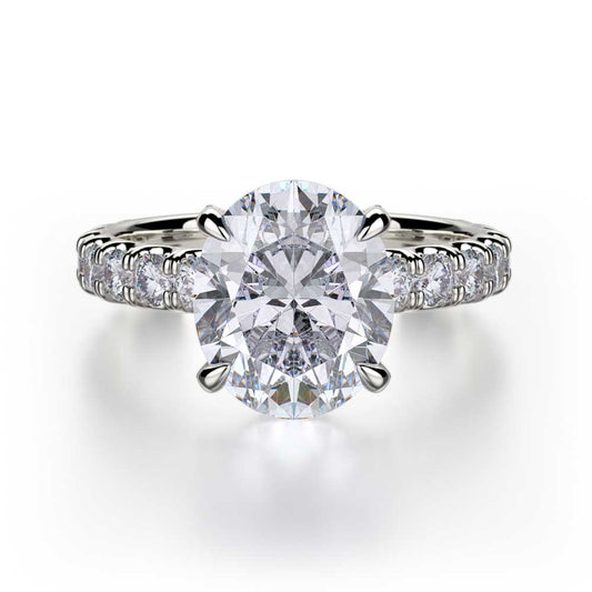 18k White Gold Oval Diamond Engagement Ring with Diamond Hidden Halo and Diamond Prongs