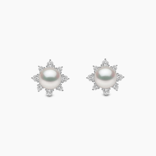 18k White Gold Freshwater Pearl and Diamond Stud Earrings