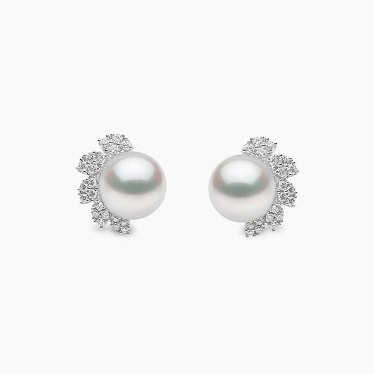 18k White Gold Freshwater Pearl and Diamond Stud Earrings