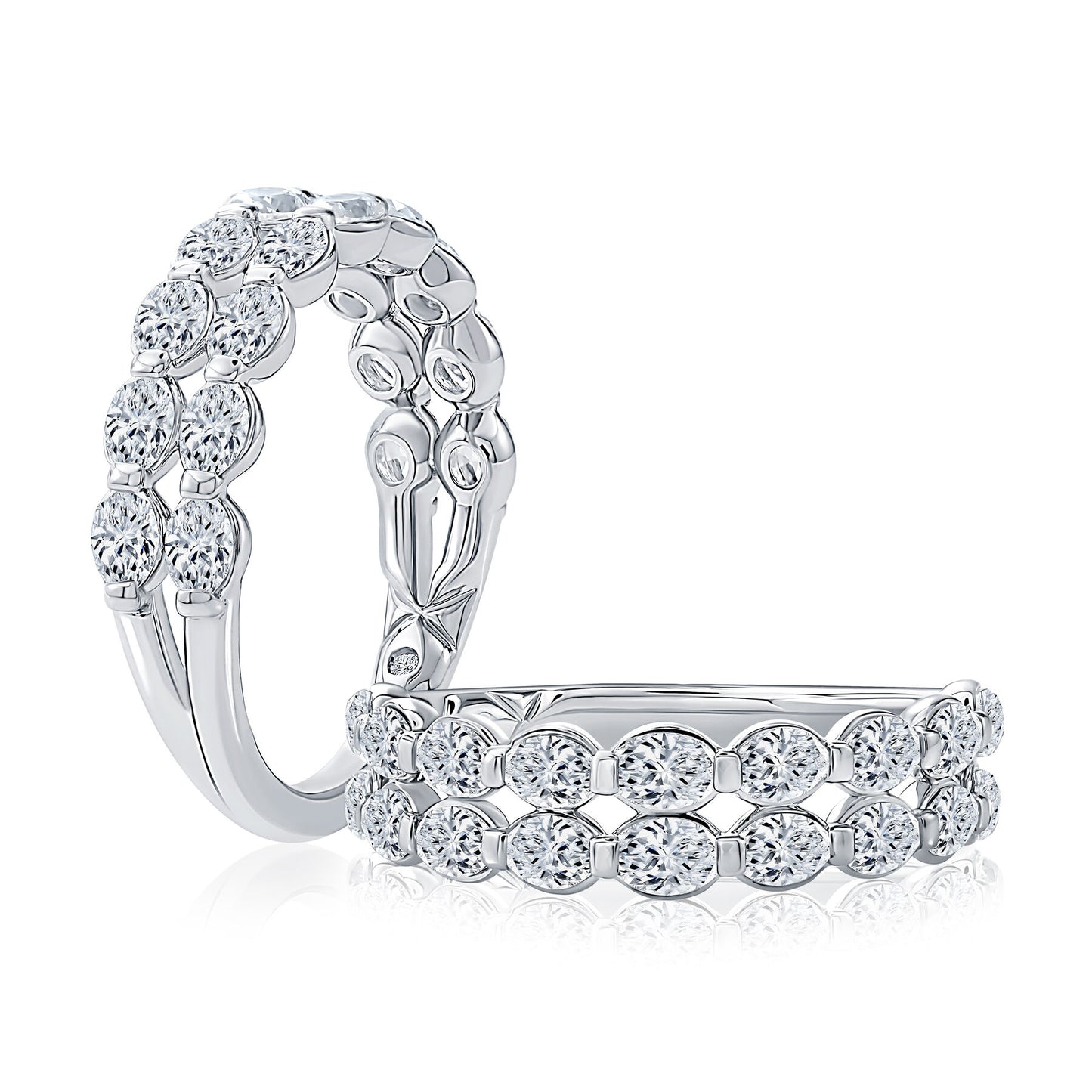 Halfway Two Row Lotus Shared Single Prong East West Bezel Oval Diamond Band