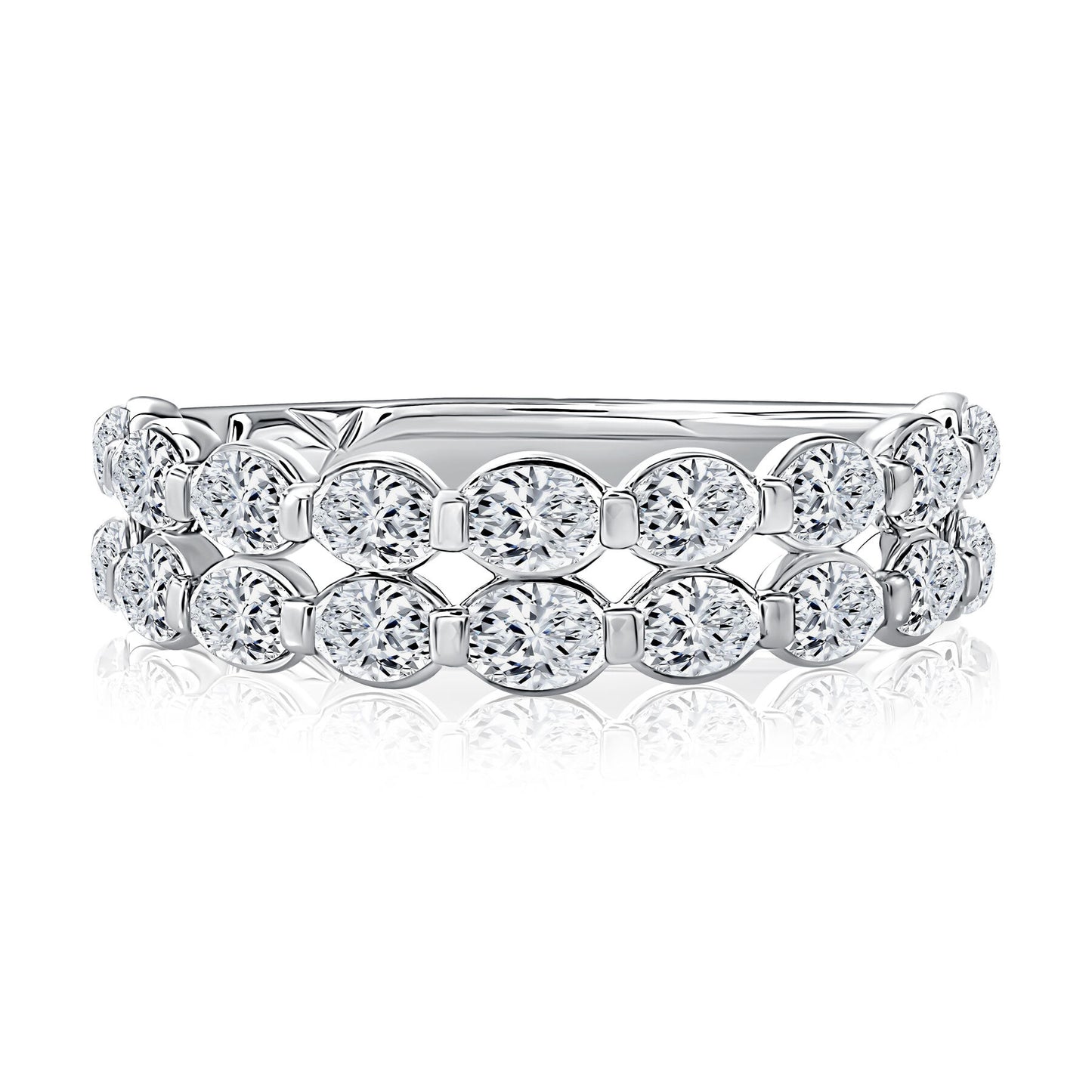 Halfway Two Row Lotus Shared Single Prong East West Bezel Oval Diamond Band